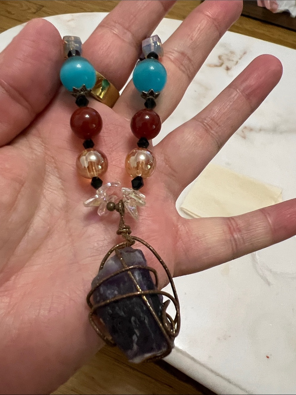 Handcrafted Turquoise & Amethyst Beaded Pendant Necklace from Tibetan Refugees